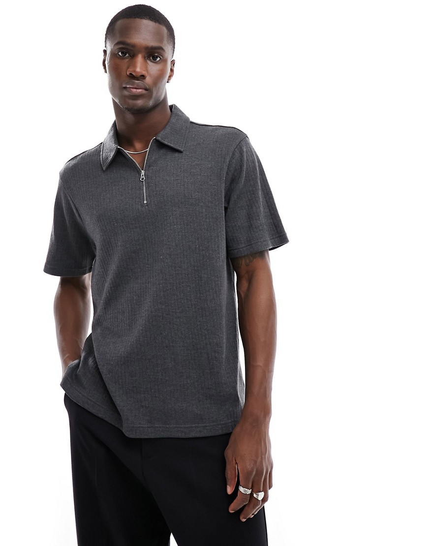 Another Influence coord textured jersey zip polo in dark grey