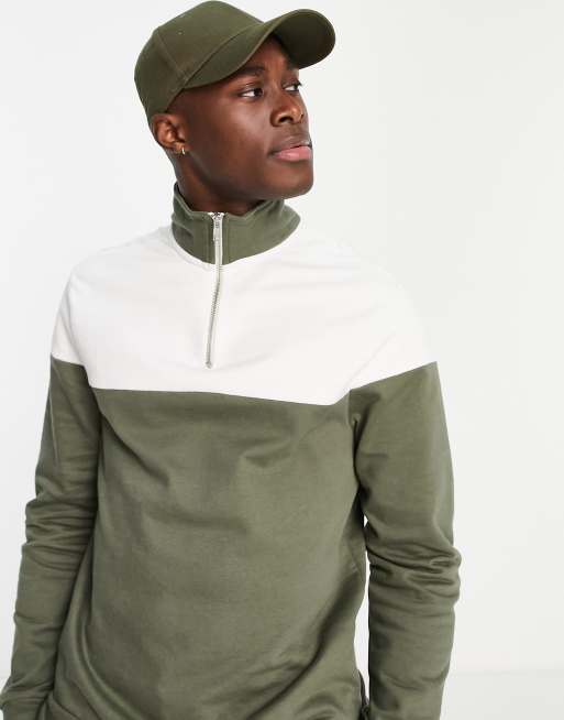 Another Influence colour block half zip sweatshirt in khaki ASOS