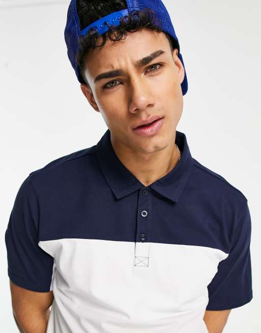 Another Influence colour block polo in blue