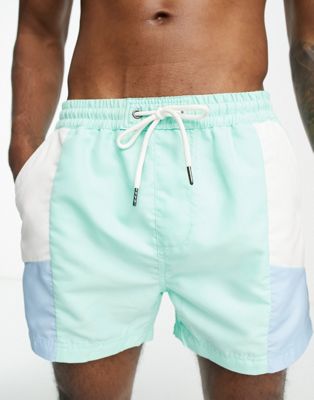Another Influence colour block swim short in aqua blue and white