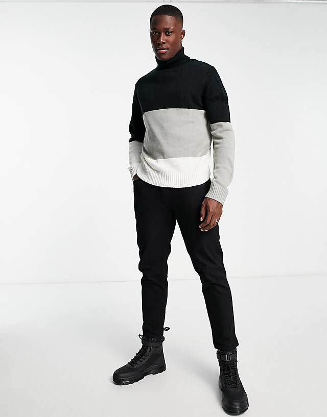 Another Influence - colourblock roll neck jumper in black, grey & white