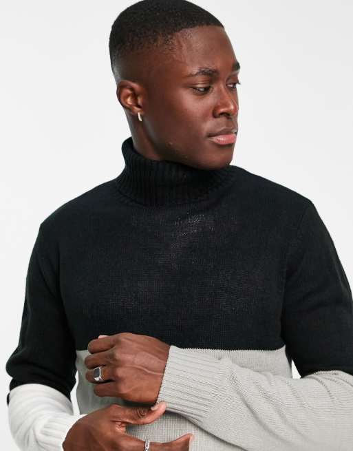 Another Influence colourblock roll neck jumper in black grey white