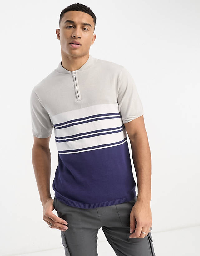 Another Influence - colourblock zip polo in grey