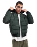 [Another Influence] Another Influence contrast hood quilted bomber jacket in green XL Army green