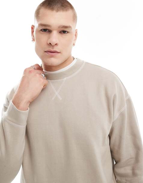 Another Influence contrast stitch crew neck sweater in stone - view 1