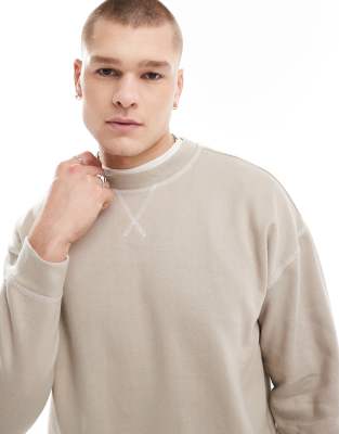 contrast stitch crewneck sweater in stone-Neutral