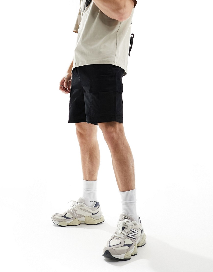 Another Influence cotton twill cargo shorts in black