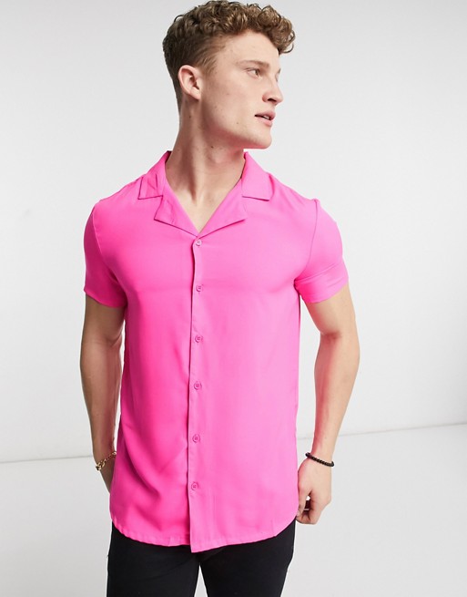 Another Influence cuban collar button front shirt in neon pink