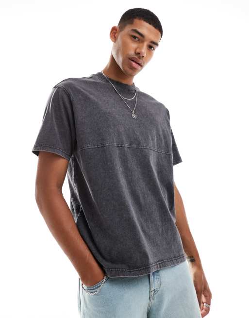 Another Influence – Czarny T-shirt oversize z efektem sprania i ozdobnym szwem