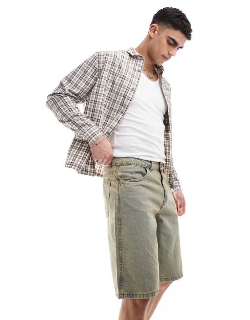 Another Influence - Denim jorts met wijde pijpen en vintage wassing
