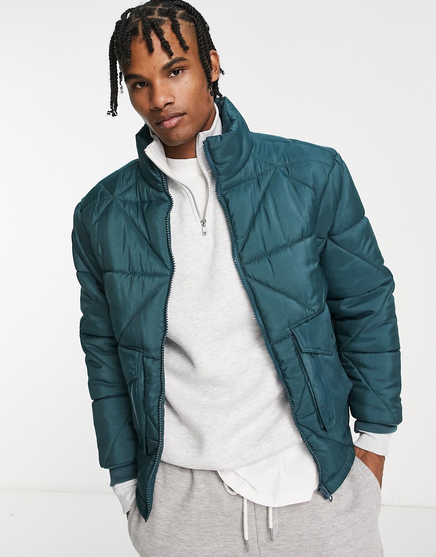 diamond quilted puffer in teal-Green