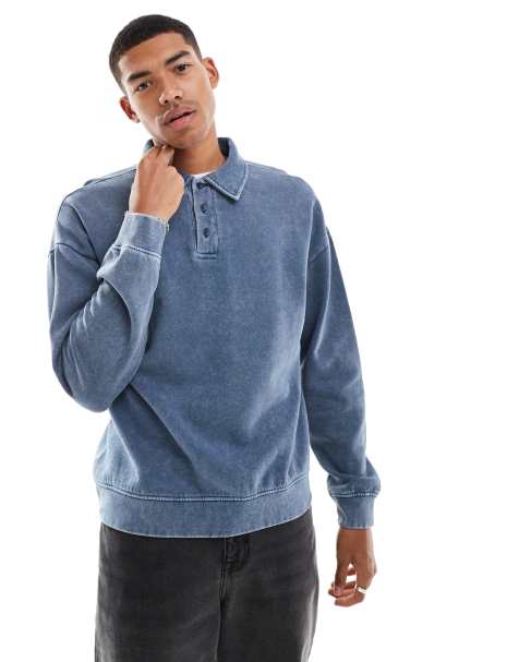 Another Influence drop shoulder acid wash polo shirt in blue - view 1