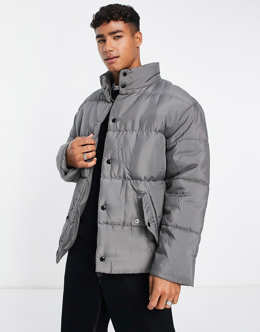 Another Influence Drop Shoulder Puffer Jacket In Charcoal-gray