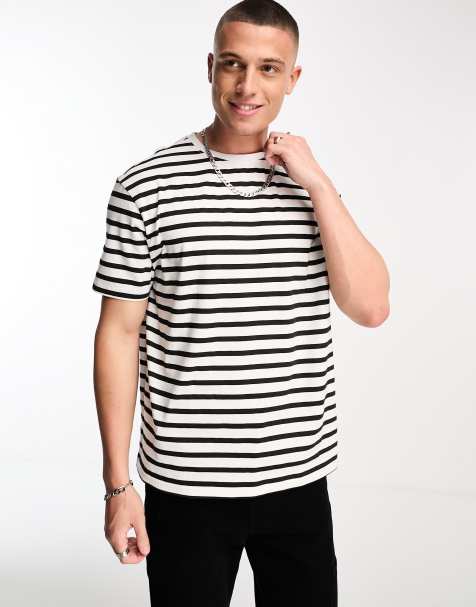 Another Influence Tall drop shoulder stripe t-shirt in black & white