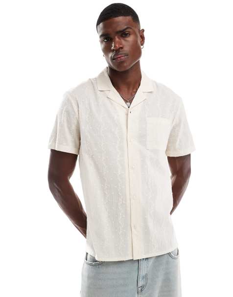 Another Influence embroidered stripe revere collar shirt in sand