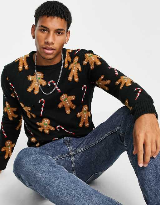 Another Influence festive gingerbread print sweater in black, 3 of 4