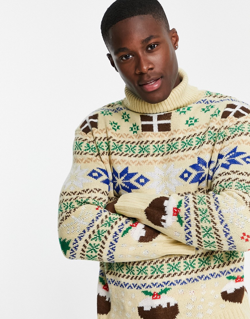 Another Influence festive print sweater in stone-Neutral