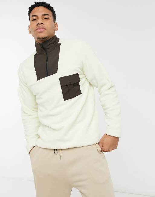 Another Influence fleece high neck quarter zip with mixed panels in cream