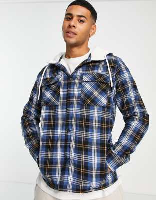 Another Influence Fleece Lined Check Overshirt With Hood In Navy