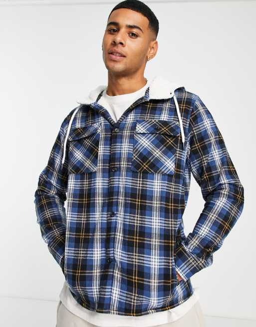 Another Influence fleece lined check overshirt with hood in navy