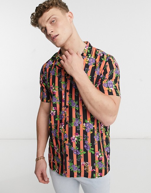Another Influence floral sripe revere short sleeve shirt in black
