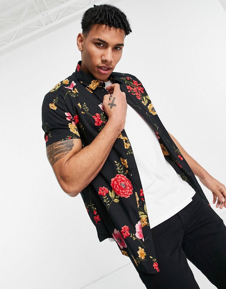 Another Influence flower print short sleeve shirt in black