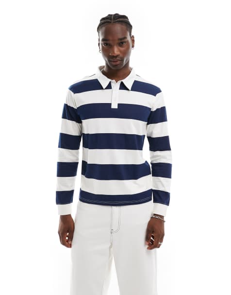 Another Influence - Gestreept rugby T-shirt met lange mouwen in blauw - view 1
