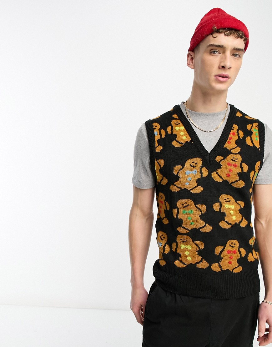 Another Influence gingerbread Christmas knitted vest in black