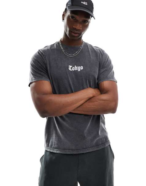 Another Influence – Grafitowoszary luźny T-shirt z efektem sprania z napisem „Tokyo” - view 1