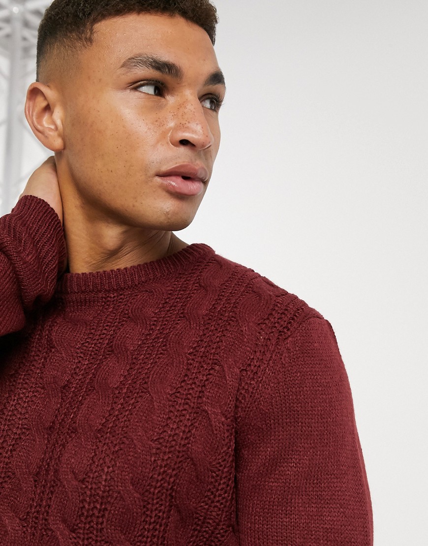 Another Influence half cable knit jumper in burgundy-Red
