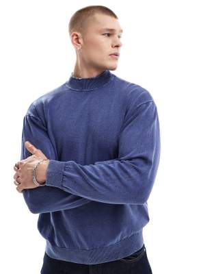 heavy acid wash high neck sweater in navy