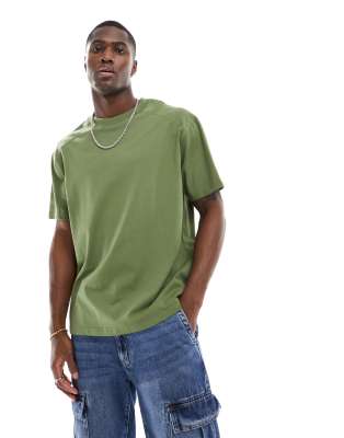 heavyweight oversized seam detail T-shirt in washed khaki-Green