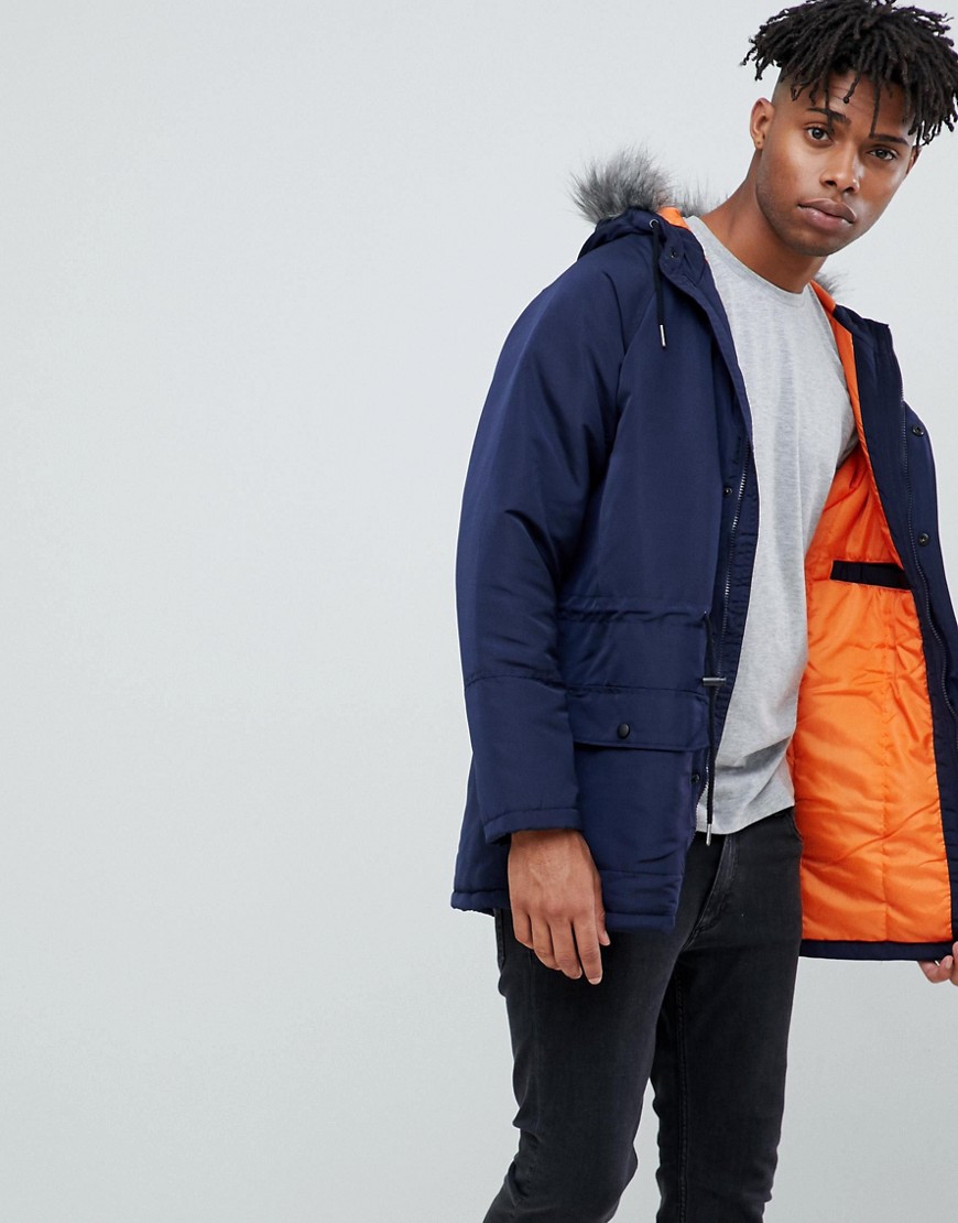 Another Influence Hooded Parka Jacket with Faux Fur Hood-Navy
