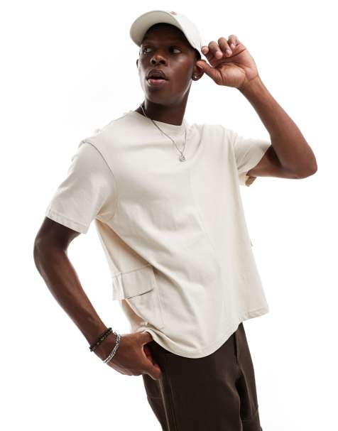Another Influence – Kamiennobeżowy T-shirt oversize w stylu utility - view 1