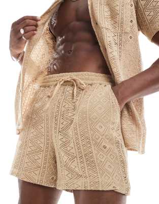 Another Influence Another Influence knitted beach shorts co ord in beige-Neutral