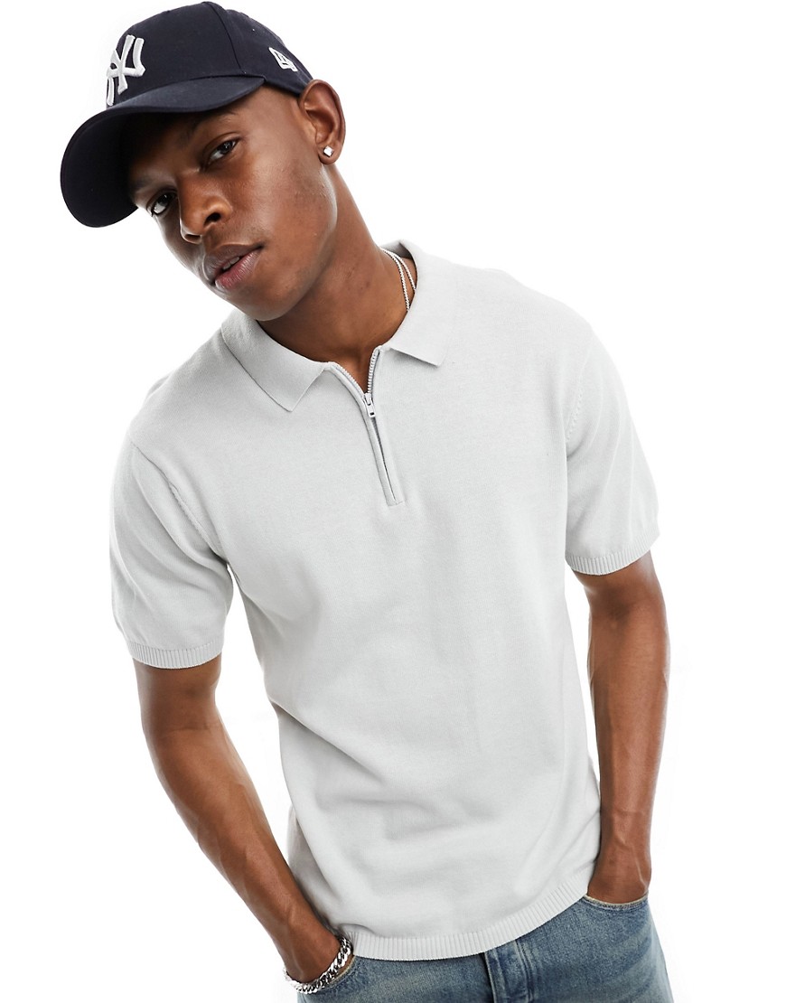 Another Influence Knitted Zip Polo In Light Gray