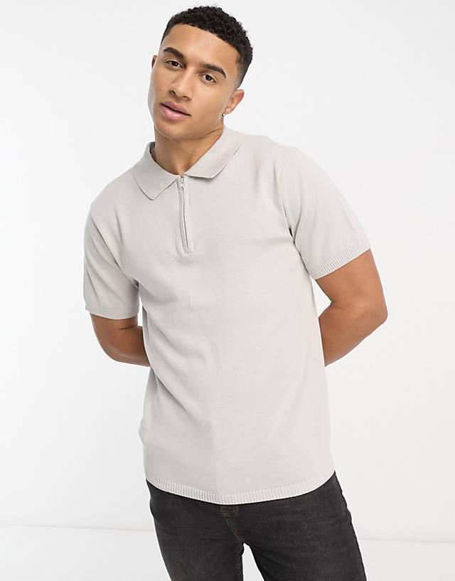 Another Influence - knitted zip polo in light grey