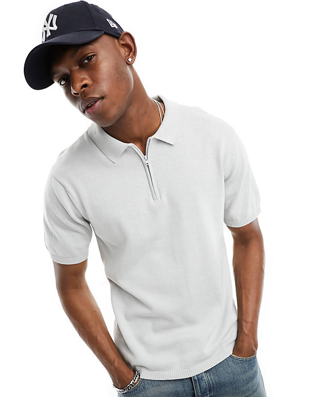 Another Influence - knitted zip polo in light grey