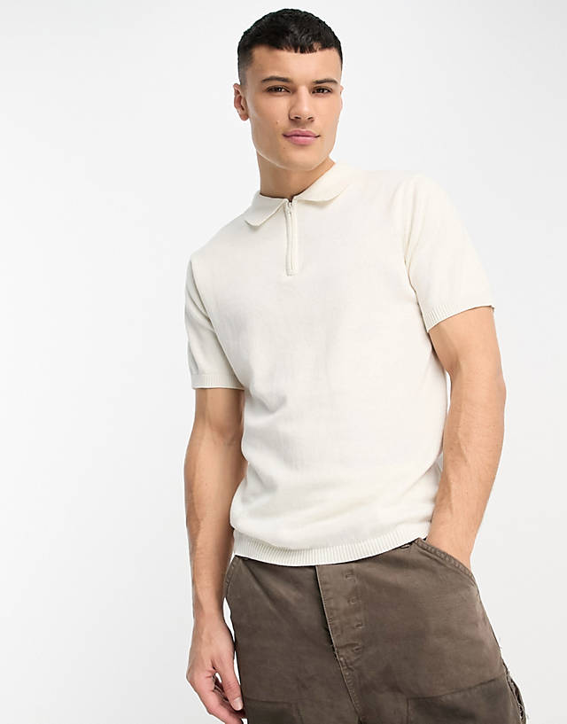 Another Influence - knitted zip polo in off white