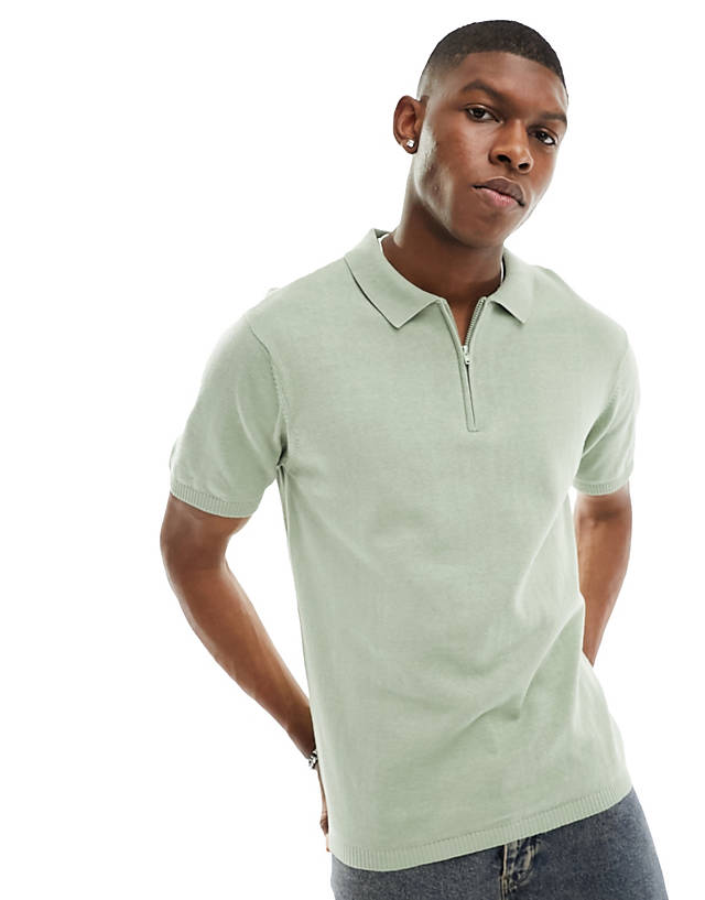 Another Influence - knitted zip polo in sage green