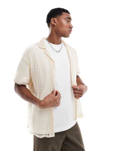 Another Influence lace revere collar shirt in sand