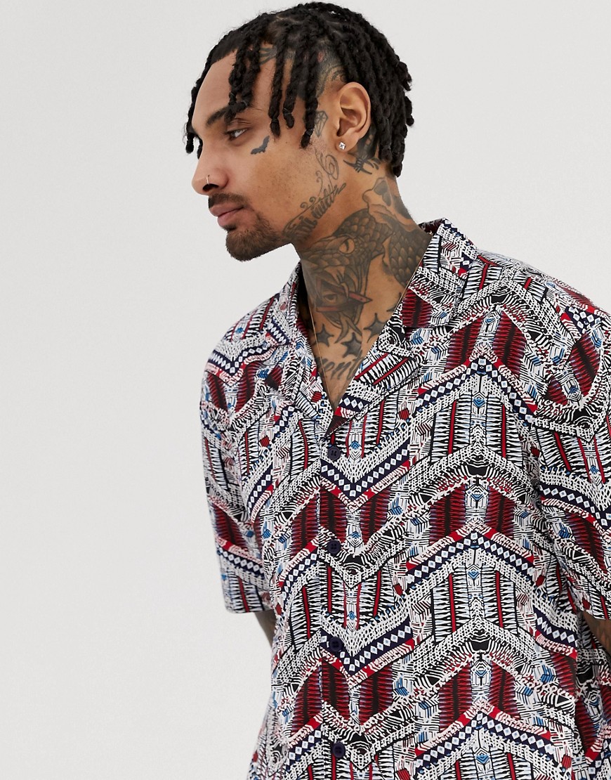 Another Influence – Kortärmad skjorta med aztec-mönster och platt krage, del av set-Marinblå