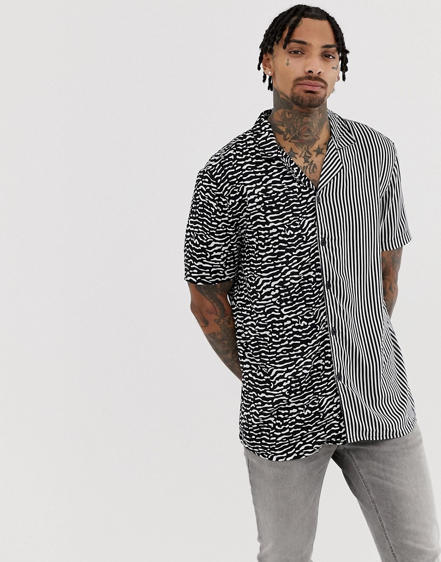 Another Influence – Kortärmad skjorta med blandat mönster och platt krage-Svart