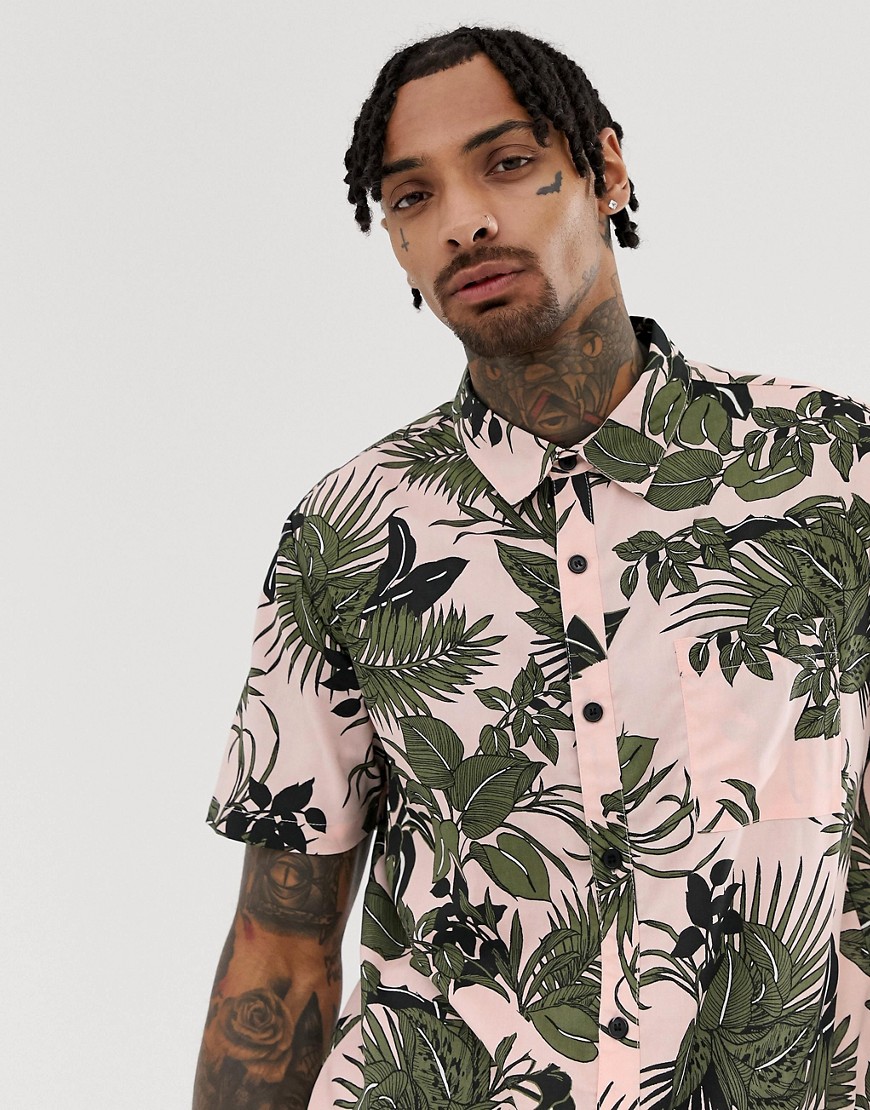 Another Influence – Kortärmad tropikskjorta med kantig passform-Rosa