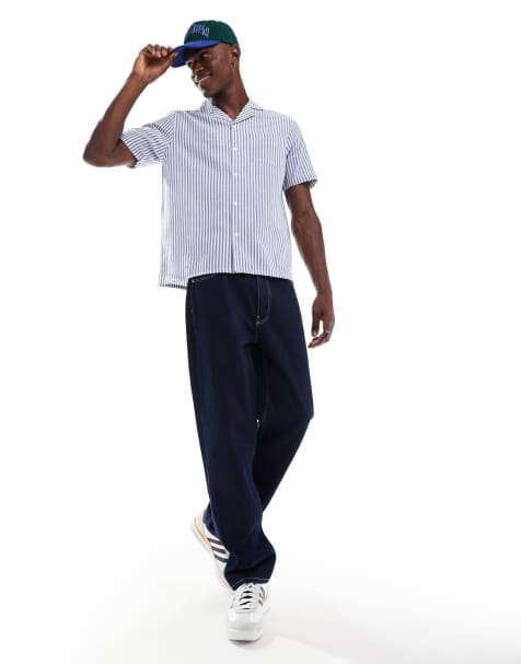 Another Influence striped revere collar shirt in blue and white