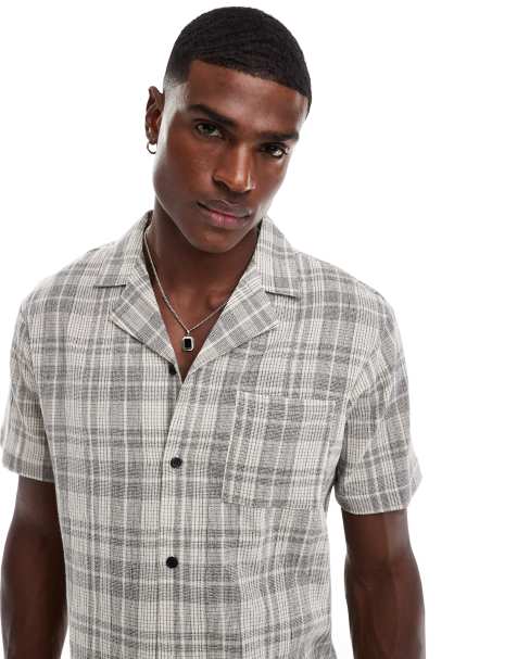 Another Influence check revere collar short sleeve shirt in black and cream