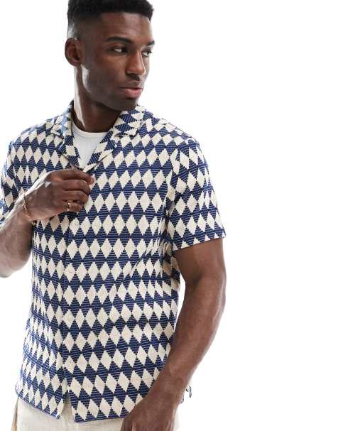 Another Influence revere collar crochet shirt in navy and cream