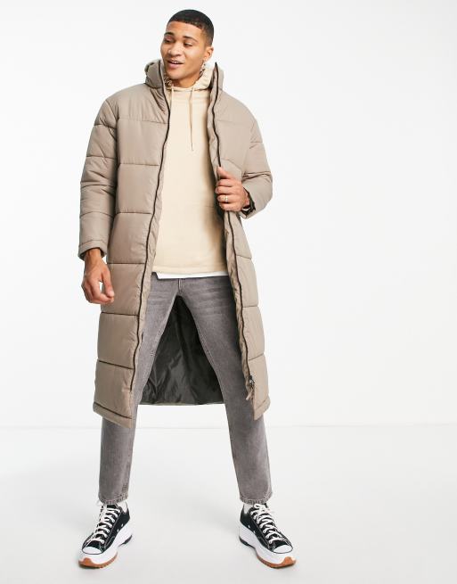 Another Influence - Lang gewatteerd puffer jack in zandkleur