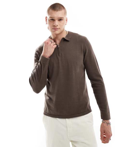 Another Influence – Langärmliger, gestrickter Polo-Pullover in Braun - view 1