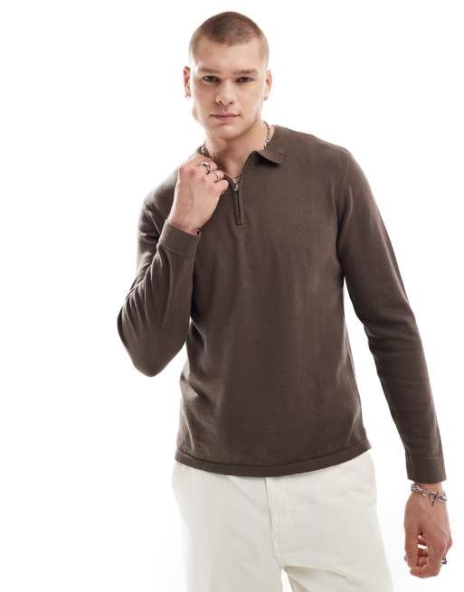 Another Influence – Langärmliger, gestrickter Polo-Pullover in Braun